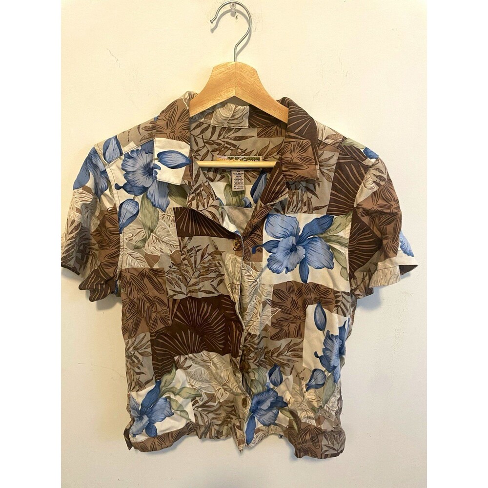 Sunset Cove Men's S Regular Brown Blue Beige Floral Hawaiian Rayon Button-Up